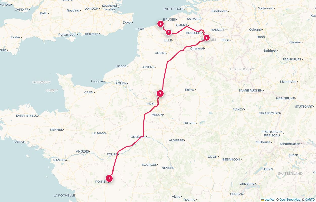 Map from our tour planner with the road route and numbered park stops